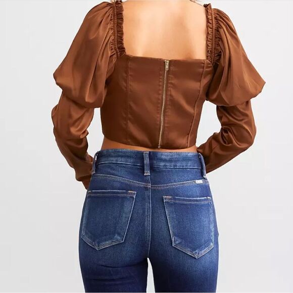 Papermoon Buckle Puff Sleeve Satin Copper Corset Cropped Top M NWT $43 - Picture 2 of 9